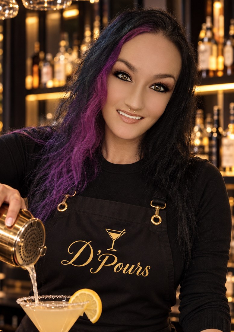 Josie pouring a cocktail behind the D'Pours bar